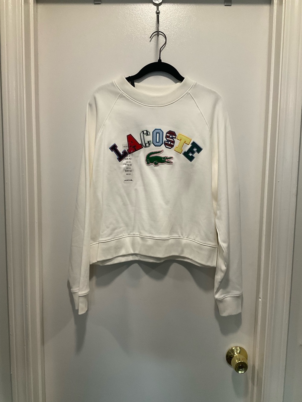 Lacoste White Crewneck Sweatshirt with Multicolor Appliqué Logo